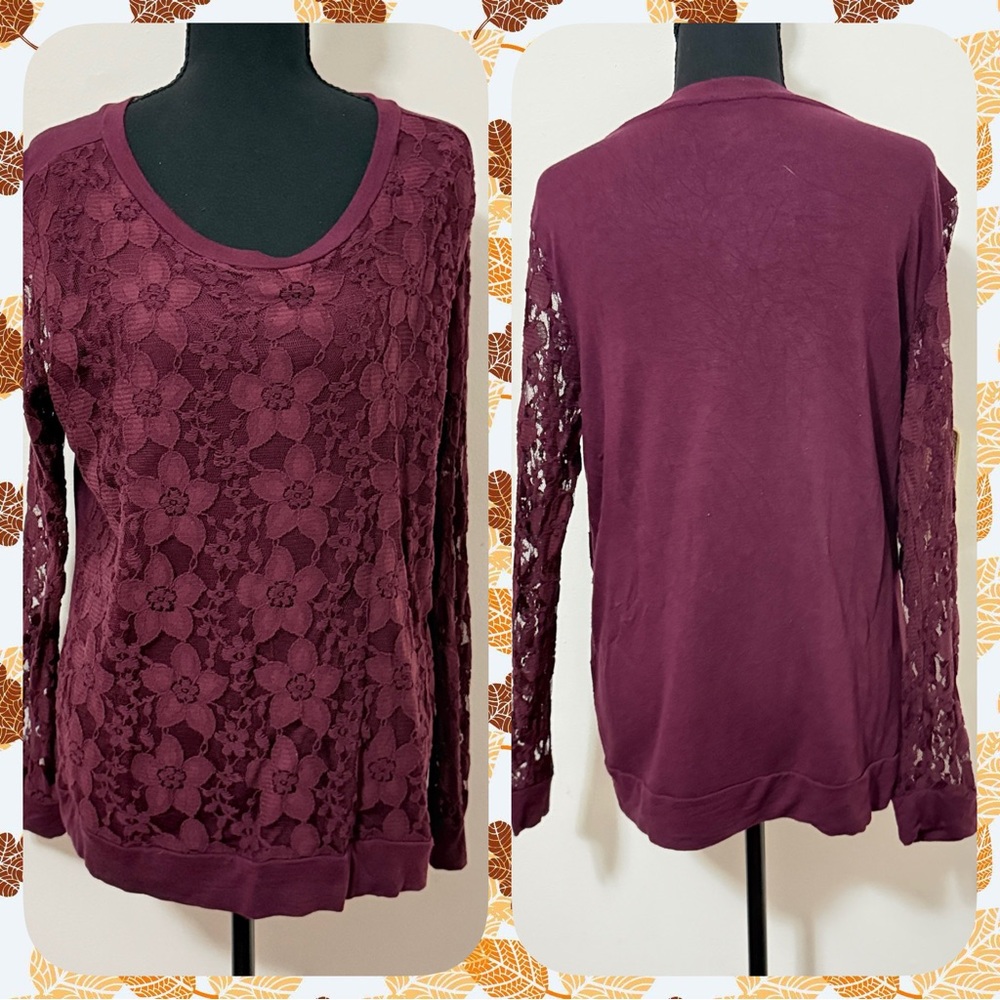 Adrianna Papell Women’s Lace Floral Long Sleeve Blouse - Burgundy-size medium